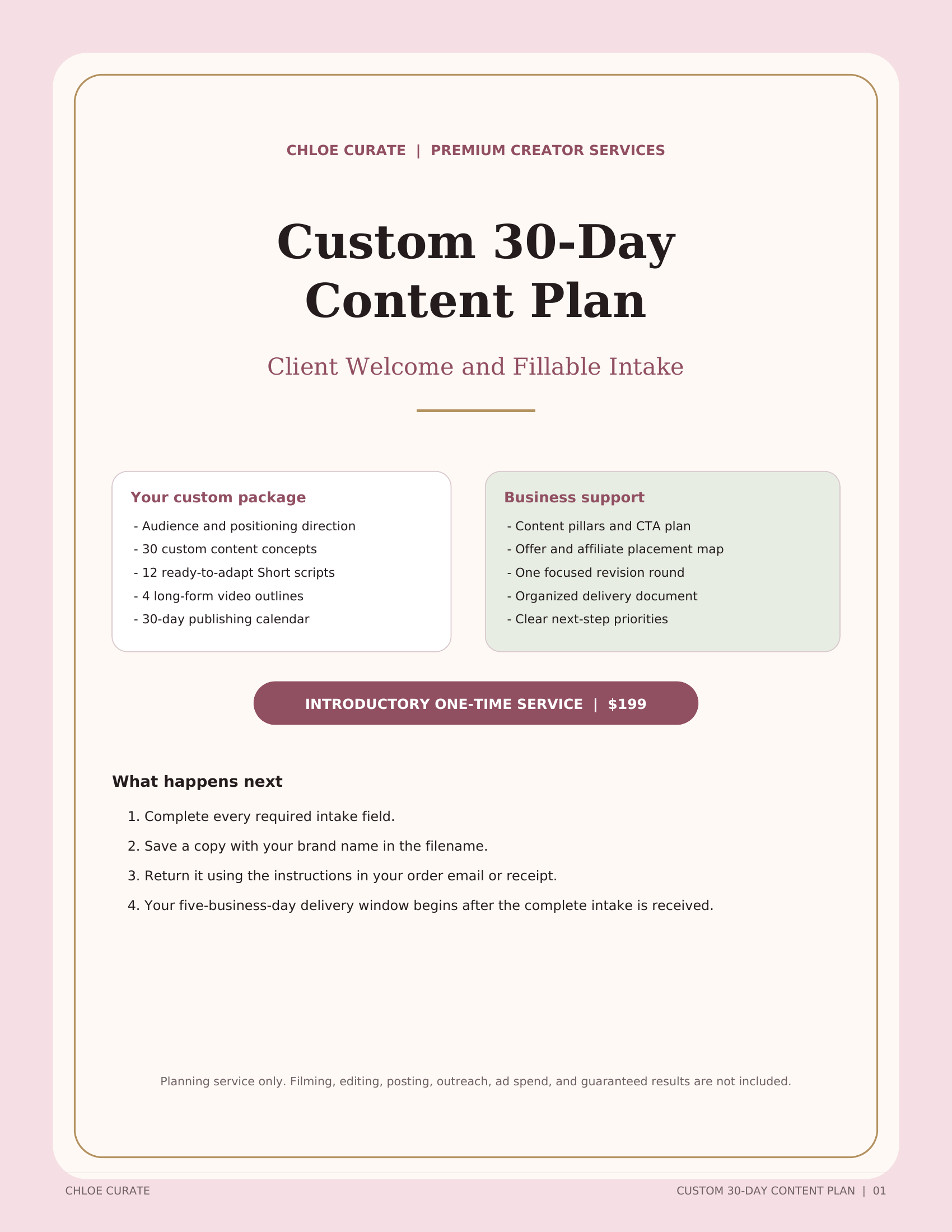 CHLOE CURATE Custom 30 Day Content Plan cover